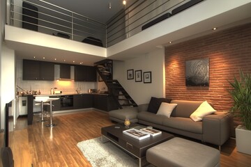 The interior is loft style, with furniture, indoor plants and a large window. 