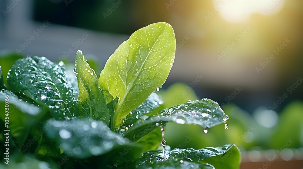 Poster Sparkling water droplets catch the golden fairy light of dawn as a sprinkler waters rows of leafy vegetables creating a peaceful atmosphere in a thriving garden oasis