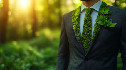 businessman's suit crafted from lush grass and moss symbolizes the fusion of nature and industry, sustainability, and eco-friendly business practices, blending modernity with green values