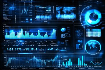 Obraz premium Futuristic data visualization interface featuring charts, graphs, and maps in blue tones, ideal for presentations and tech-related content.