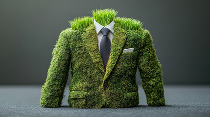 businessman's suit crafted from lush grass and moss symbolizes the fusion of nature and industry, sustainability, and eco-friendly business practices, blending modernity with green values