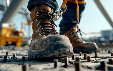 A close-up of a work boot on a construction site, showcasing rugged design and safety features surrounded by metal fasteners.