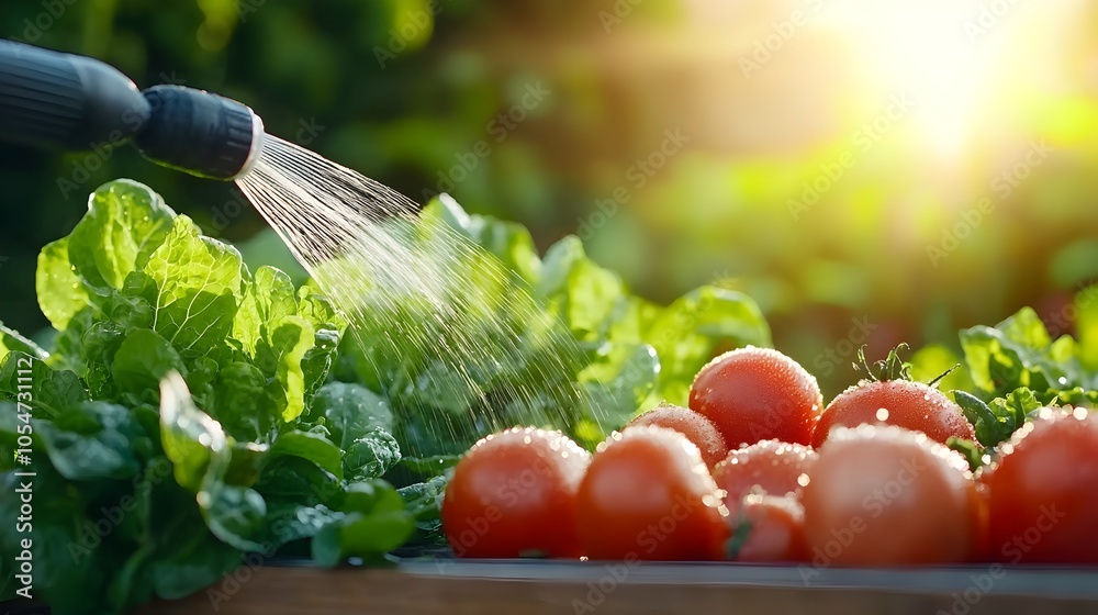 Poster Gentle morning sun casting a warm golden glow over a garden filled with mist from a sprinkler creating a serene and ethereal atmosphere amidst the lush vegetation and rows of thriving vegetables