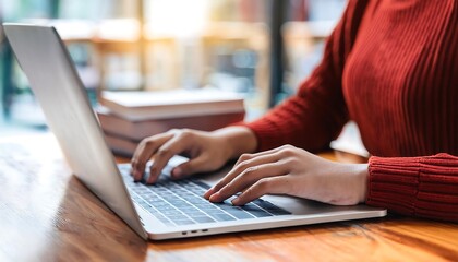 Close up hand of high school student woman studying,learning online academic lesson in unive