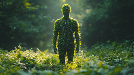 businessman's suit crafted from lush grass and moss symbolizes the fusion of nature and industry, sustainability, and eco-friendly business practices, blending modernity with green values