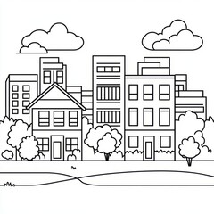Fototapeta premium A simple line drawing of a cityscape with houses and buildings.