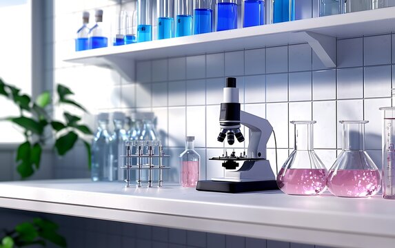 A modern laboratory scene featuring a microscope, colorful liquids in glassware, and a plant, creating a vibrant scientific environment.