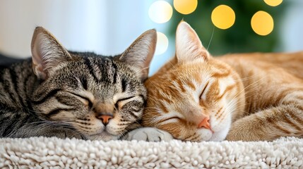 Two adorable tabby cats sleeping soundly next to each other on a soft fluffy rug with gentle light filtering through the curtains creating a serene and tranquil indoor scene