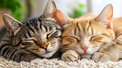 Naklejka premium Two tabby cats sleeping side by side on a soft fluffy area rug with gentle sunlight filtering through the curtains and creating a serene calming indoor scene of domestic tranquility and comfort