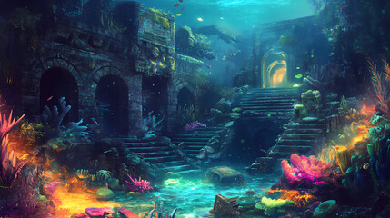 Fototapeta premium An underwater scene featuring bioluminescent marine life illuminating an ancient, sunken city, with mysterious artifacts scattered around. Underwater Kingdom. Illustration