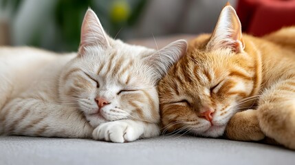 Two adorable feline companions cuddled up together on a comfortable couch their bodies intertwined in a peaceful and intimate nap
