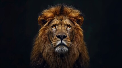 Fototapeta premium lion, facing the camera, front view, symmetrical, dark background