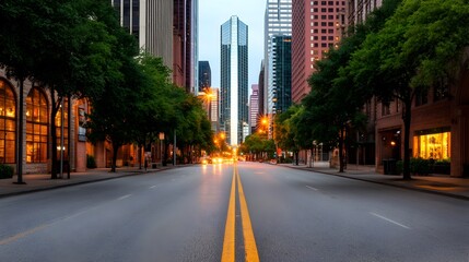 Fototapeta premium Moody urban street at night with neon lights casting colorful glows on towering skyscrapers illuminated windows and a quiet city landscape