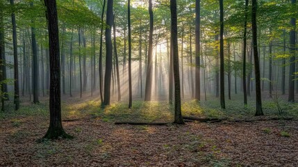 Obraz premium Sunlight beams through a misty forest at dawn, creating a magical and serene atmosphere.