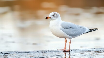 Fototapeta premium Seagull Standing Near Water at Sunset