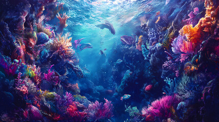 Obraz premium Aquatic adventure realm: shimmering scales, vibrant coral reefs, mythical sea creatures in a captivating underwater world. Underwater Kingdom. Illustration
