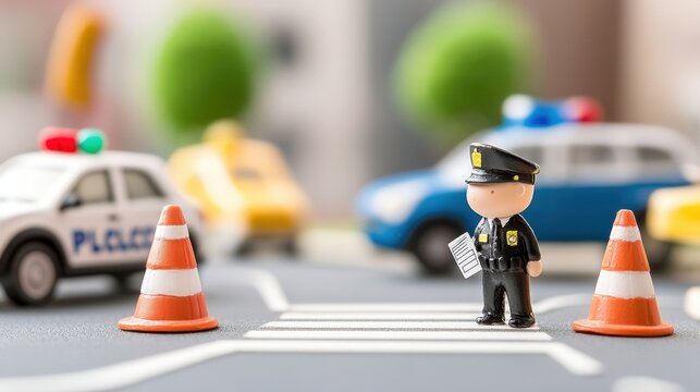 A miniature police officer directs traffic amidst toy cars and construction cones, depicting a playful urban scene.