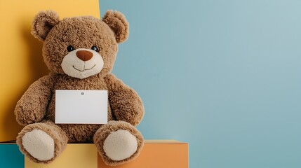 Closeup of a cute soft and fluffy teddy bear with a blank white name tag resting in a colorful toy box perfect for kid s products toys gifts holiday and more