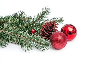 Pine Branch with Red Christmas Ornaments and Pinecone