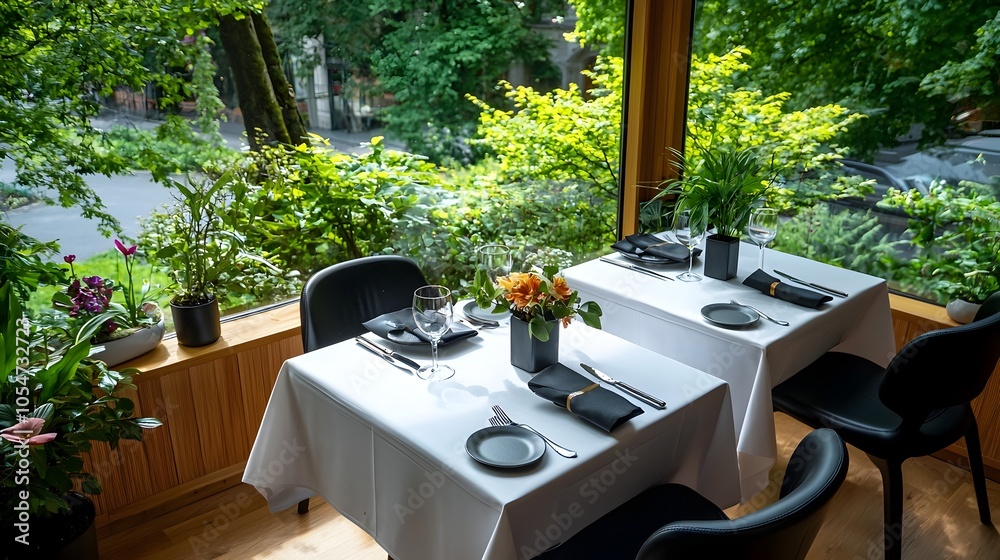 Aufkleber Aerial view of a bright minimalist dining area featuring simple furnishings elegant table decor and a serene harmonious atmosphere perfect for a relaxing meal