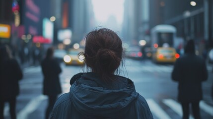 Woman in City Street with Traffic and Urban Vibe