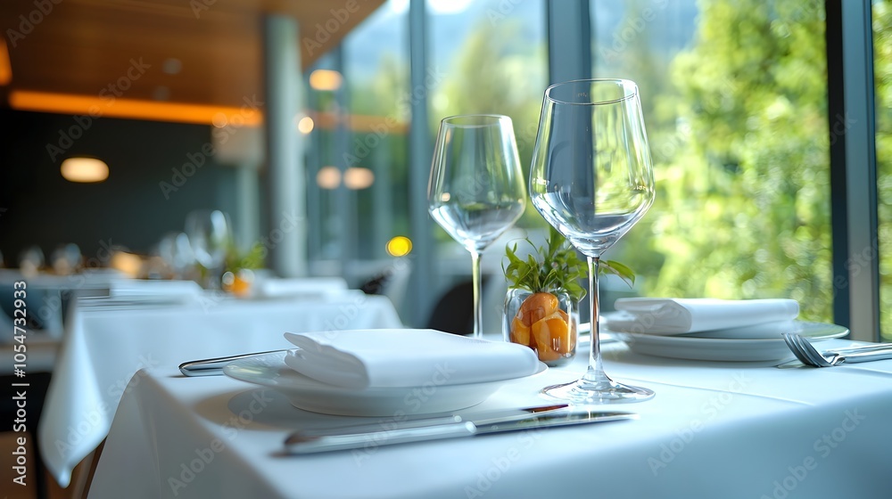 Aufkleber Overhead perspective of a modern and minimalist dining space featuring clean lines soft lighting and a spacious airy atmosphere that creates a calm and sophisticated ambiance