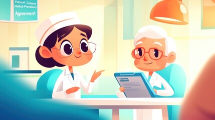 A friendly interaction between a nurse and an elderly patient in a healthcare setting, emphasizing care and communication.