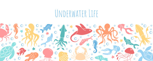 Banner design template with underwater animals like jellyfish, octopus, and sea turtle amongst marine vegetation. Ocean life scene background with vibrant water reef and sea creatures in a vector set.