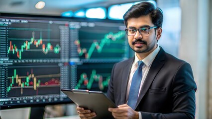 An Indian financial expert analyzing investment portfolios with graphical presentations.