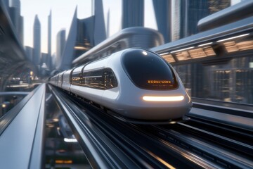 Fototapeta premium Futuristic Train in a Modern Cityscape
