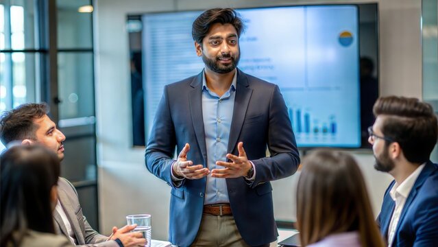An Indian entrepreneur confidently pitching a fintech startup idea to potential investors in a vibrant meeting room.
