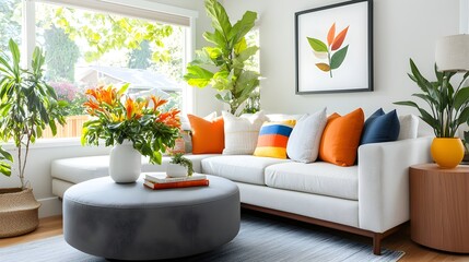 Beautifully designed living room with a round ottoman fresh floral decor and a colorful personalized blank poster frame for added customization and style