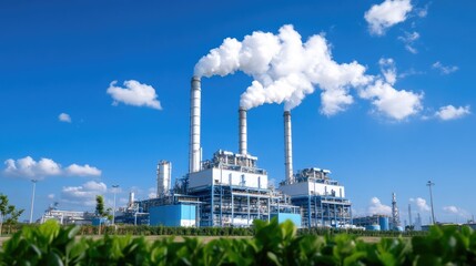 Obraz premium Industrial Power Plant with Cloudy Sky and Greenery