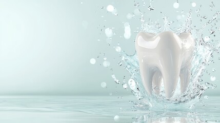 Dental freshness: gleaming white tooth surrounded by dynamic water splashes, cleanliness and vitality, importance of oral hygiene and its refreshing effects on overall health.