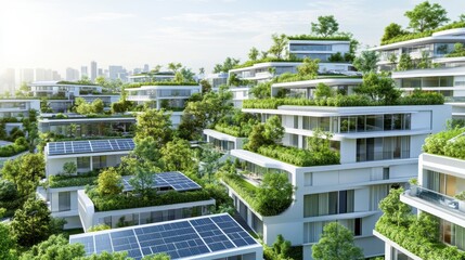A modern eco-friendly city featuring tiered buildings covered in greenery and solar panels under a bright sky.