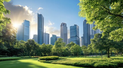 Urban Park with Skyscrapers under Bright Sky