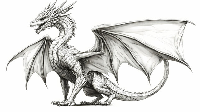 Beautiful lineart illustration of a full body dragon against a white background in a monochrome, hyperrealistic style. Celtic Dragon. Illustration