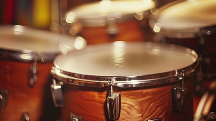 Obraz premium Drums set up on stage, ready for a drummer to play at a concert. Wood and shiny metal mix adds excitement. Close up shows intricate details, highlighting importance in creating music rhythm