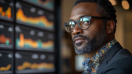 Middle-aged Black man analyzing financial data on multiple screens in a modern office setting
