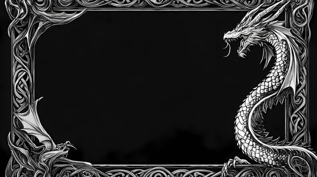 Black and white dragon frame border with celtic knots. Celtic Dragon. Illustration