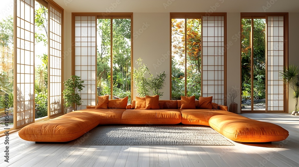 Poster inviting and harmonious contemporary tv room featuring a bold curved sofa in bright colors complemen