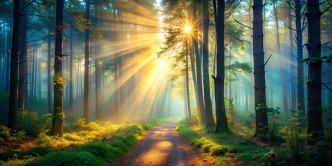 Obraz premium Sunbeams Illuminating a Serene Path Through a Misty Forest, Where Shadows Dance Among the Trees
