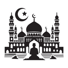 Elegant Mosque Silhouette Vector Illustration on White Background – Islamic Architecture Art
