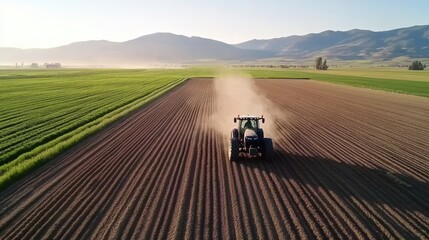 A tractor plows a vast field under a clear sky, with distant mountains and dust clouds creating a picturesque agricultural scene.