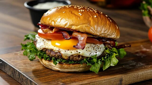 A juicy burger with a fried egg, bacon, and tomato on a wooden board