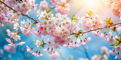 Obraz premium Delicate pink blossoms clustered on a branch, bathed in soft sunlight against a bright blue sky, a symbol of springtime renewal.