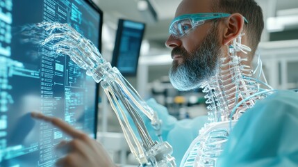 A futuristic scientist interacts with digital data, showcasing a transparent robotic arm in a high-tech lab environment.