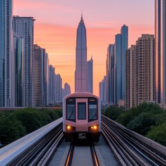 Naklejka premium A pink train approaches a modern skyline during sunset.