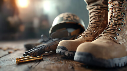 A solemn tribute boots rifle and helmet memorializing our fallen heroes