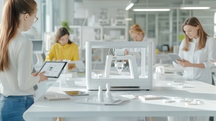 A bright, modern workspace features women collaborating on projects, using tablets and a 3D printer, showcasing creativity and innovation in design.